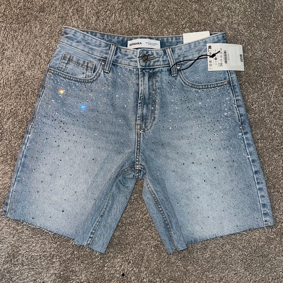 Bershka Light Blue Studded Jean Shorts - Picture 2 of 5